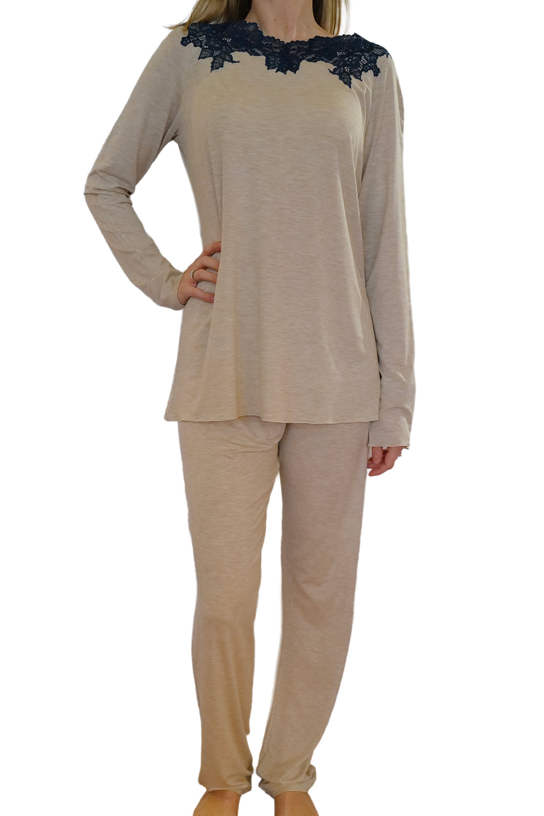 intimo-ortopedia-abbiati-Pigiama-Donna-Beige-con-Pizzo-Blu-Paladini-0